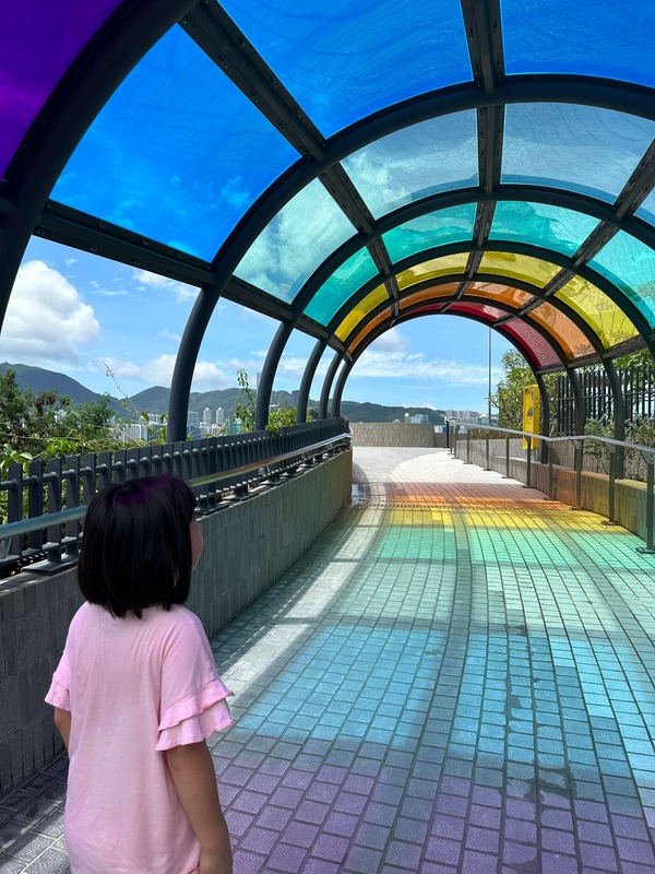 園內的設施符合國際安全標準及共融設計標準，輪椅使用者或坐在嬰兒車的小朋友都可在如圖中的小朋友一樣，在遊戲區4的彩虹隧道中隨意遊走，感受彩虹的七色斑斕。