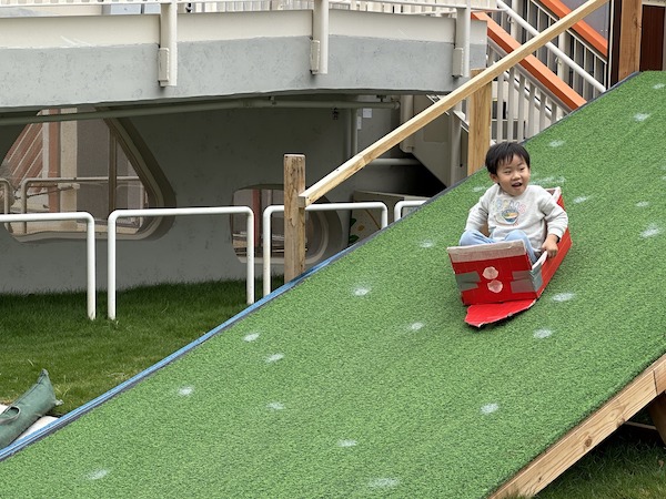 體驗在草滑梯玩雪橇的刺激！