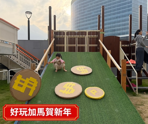 在斜台向下推動各種圓形錢幣，寓意好運滾滾來！