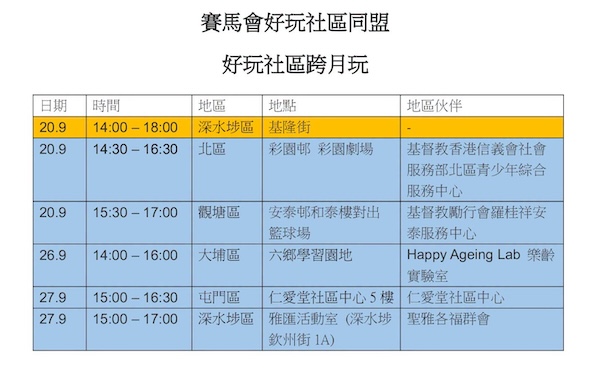 好玩社區跨月玩2026年9月免費活動的詳情如圖示，毋須預先報名，歡迎即場參與！ 🟧橙底色活動由智樂舉辦 🟦藍底色活動由地區盟友推行
